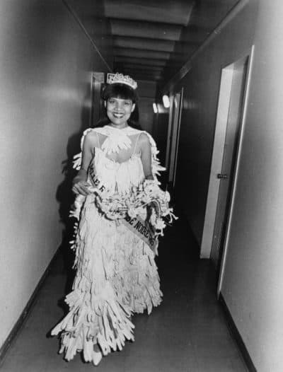 A gelatin silver print from Lorraine O’Grady's "Mlle Bourgeoise Noire Goes to the New Museum" performed in 1981 at the New Museum in New York City. (Courtesy of Alexander Gray Associates)
