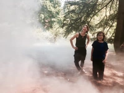 Curator ⁦Jen Mergel⁩ with artist Fujiko Nakaya at the Arnold Arboretum ahead of the FogxFLO opening. (Andrea Shea/WBUR)