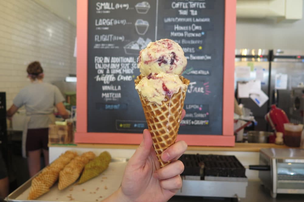 Sweet corn and blackberry jam ice cream at Honeycomb Creamery in Cambridge. (Andrea Shea/WBUR)