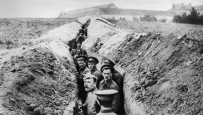 Soldiers lined up in a trench during World War I. (Hulton Archive/Getty Images)