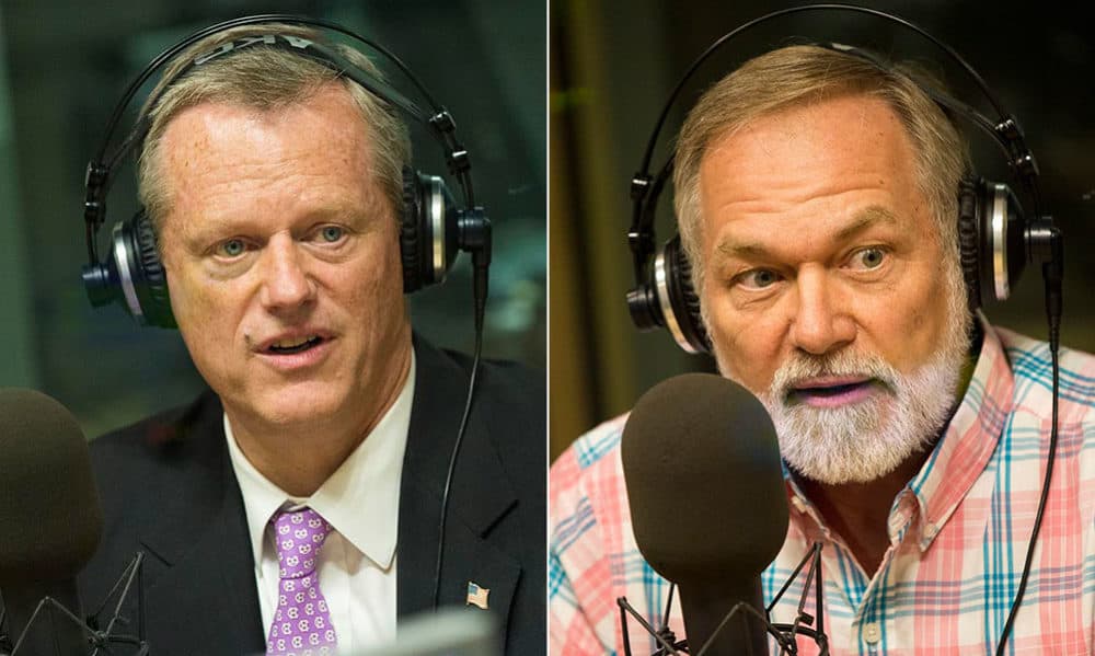 Gov. Charlie Baker and his Republican challenger, Scott Lively, during WBUR interviews (Jesse Costa/WBUR)