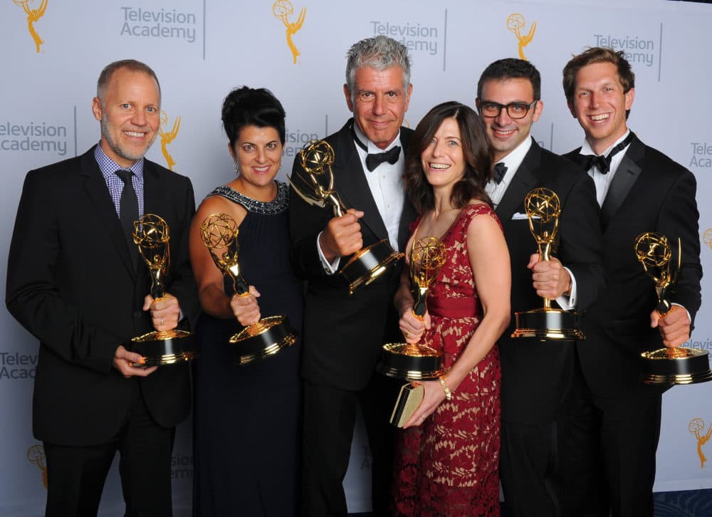 Chris Collins, from left to right, Lydia Tenaglia, Anthony Bourdain, Sandra Zweig, Tom Vitale and Erik Osterholm, winners of the award for an exceptional or special information series for 