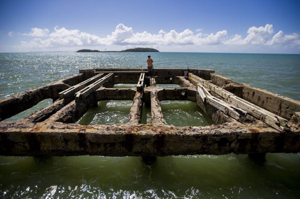 A man fishes off the edge of the pier in Punta Santiago. Hurricane Maria's storm surge and high winds ripped apart the dock, sending the wooden planks two and three blocks into town. (Jesse Costa/WBUR)