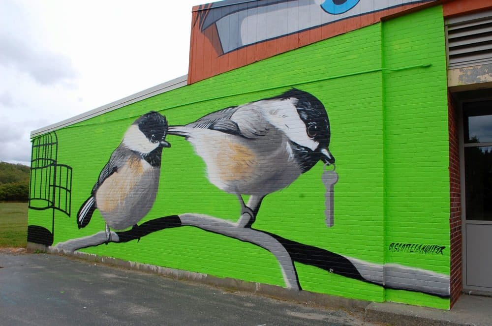 Artist Scott Walker's "Wing Tips" mural in Worcester. (Dana Forsythe for WBUR)