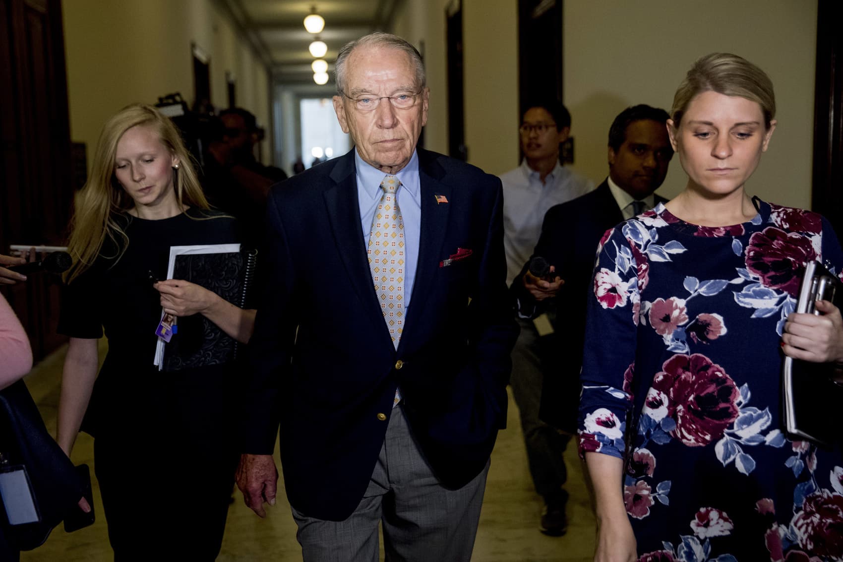 Senate Judiciary Committee Chairman Chuck Grassley, R-Iowa, departs after speaking to reporters on Capitol Hill, Wednesday, Sept. 19, 2018, in Washington. Christine Blasey Ford wants the FBI to investigate her allegation that she was sexually assaulted by Supreme Court nominee Brett Kavanaugh before she testifies at a Senate Judiciary Committee hearing next week. (AP Photo/Andrew Harnik)