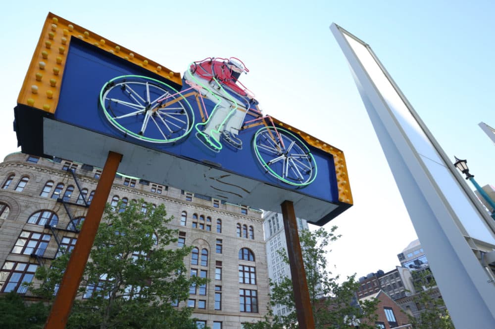 The "Cycle Center" neon sign on the Greenway. (Courtesy Rose Kennedy Greenway)