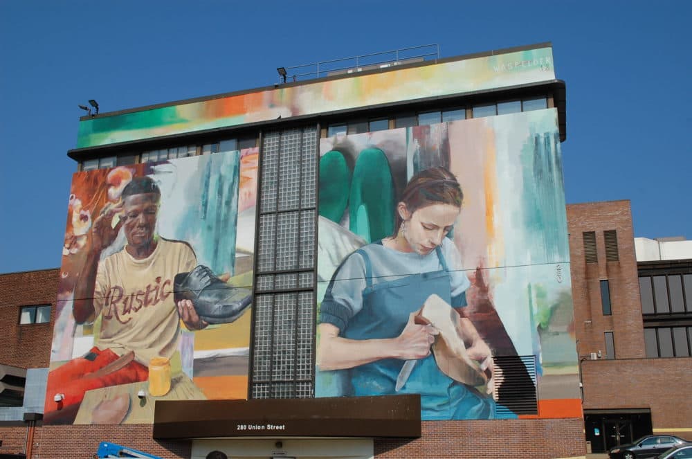 “Automation and the Proletariat” by artist Sam Worthington in Lynn. (Dana Forsythe for WBUR)