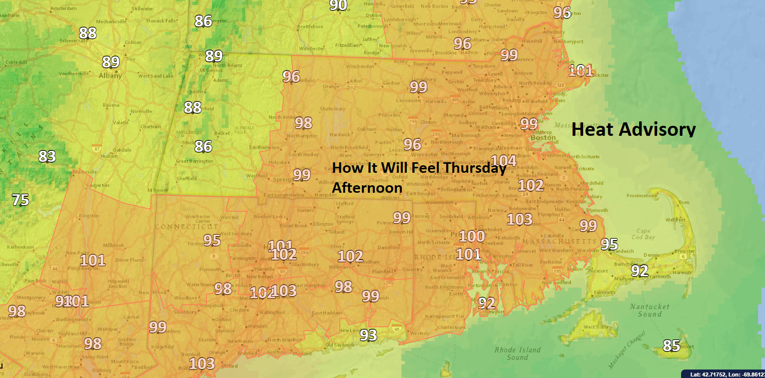 It will feel over 100 Thursday afternoon. (Dave Epstein/WBUR)
