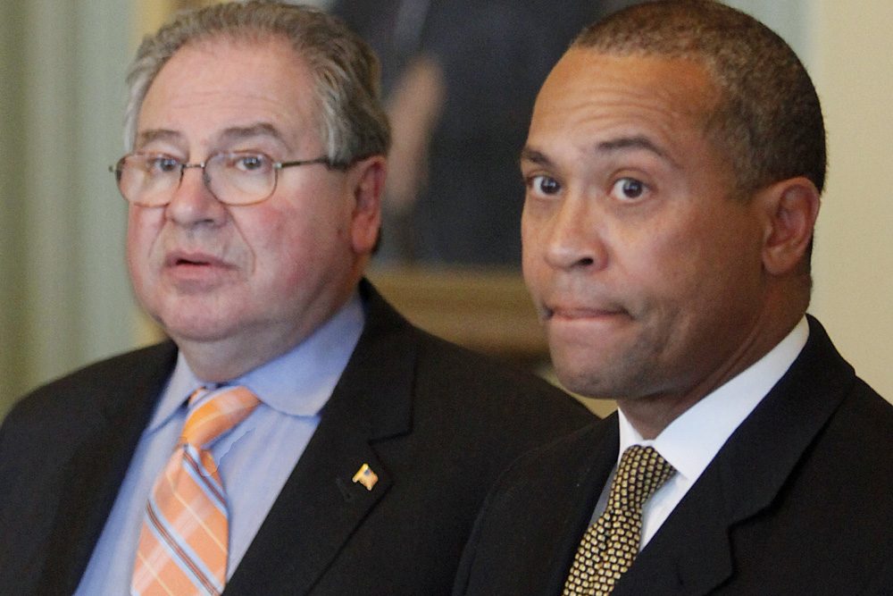 Massachusetts Gov. Deval Patrick, right, and House Speaker Robert DeLeo address members of the media in 2009. (AP)