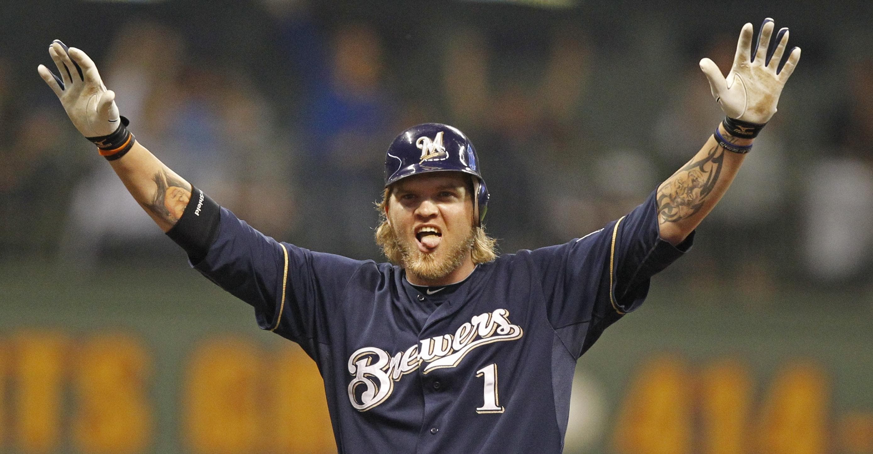 Corey Hart celebrates a double he hit at Miller Park.