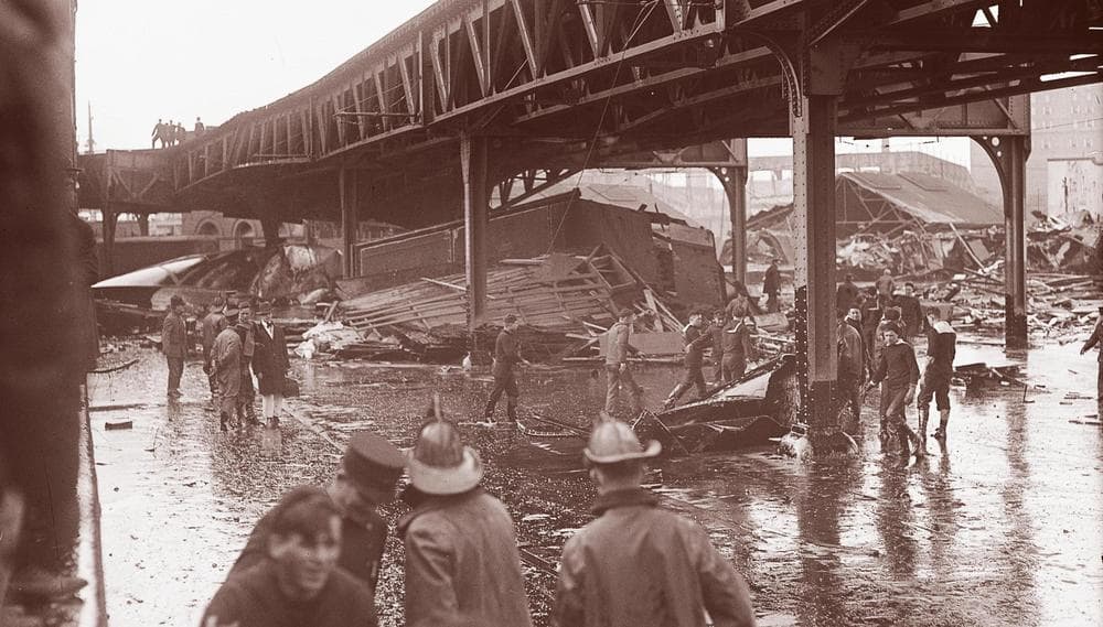 Wreckage under elevated train tracks from the molasses disaster (Courtesy of "The Great Molasses Flood," by Deborah Kops)