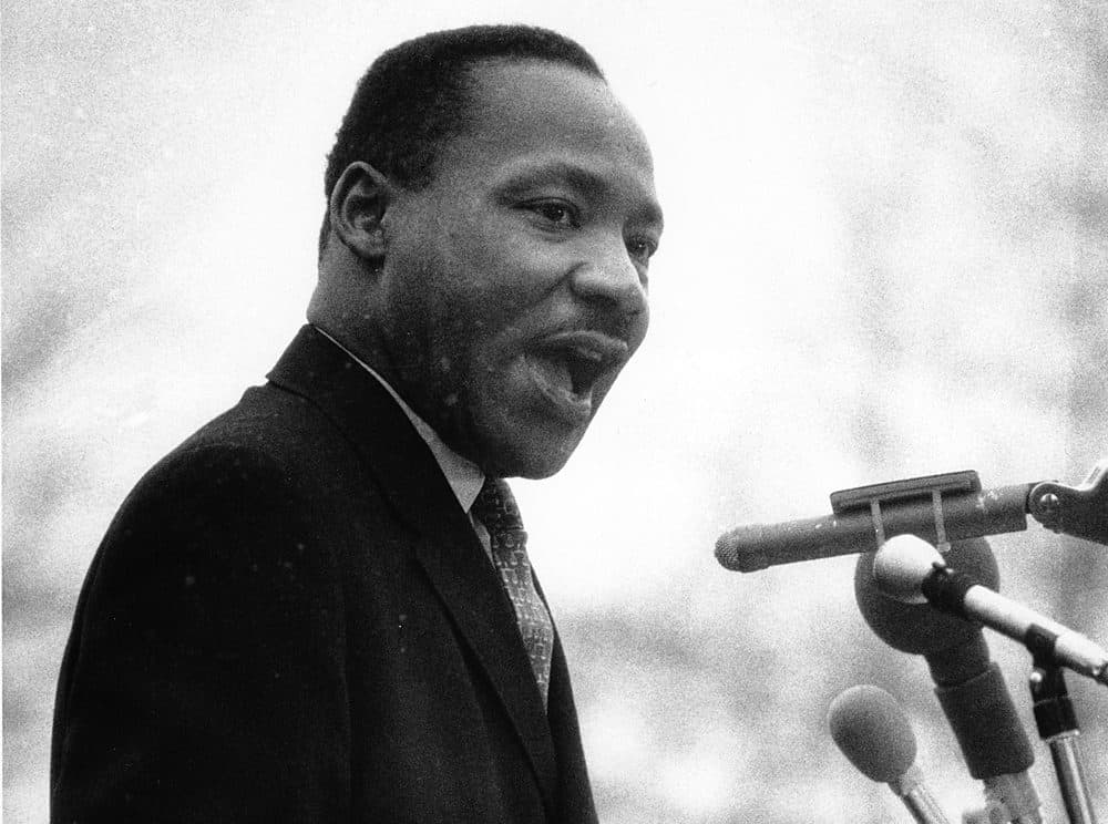 Dr. Martin Luther King Jr. speaks in front of the United Nations during a peace parade in New York on April 15, 1967. (AP)