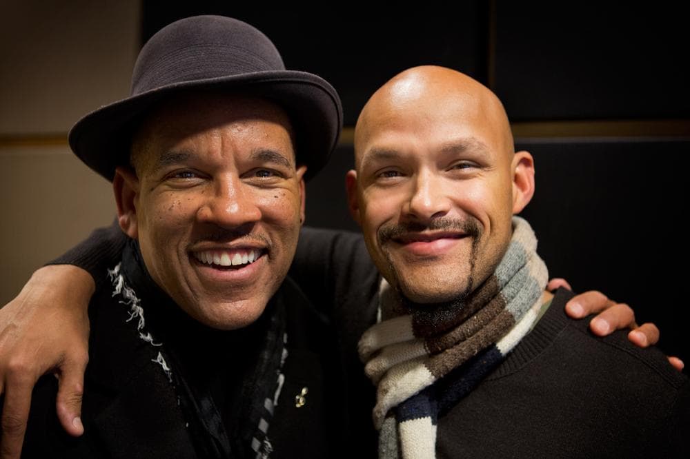 WBUR's ¡Con Salsa! host José Massó with Miguel Zenón. (Jesse Costa/WBUR)