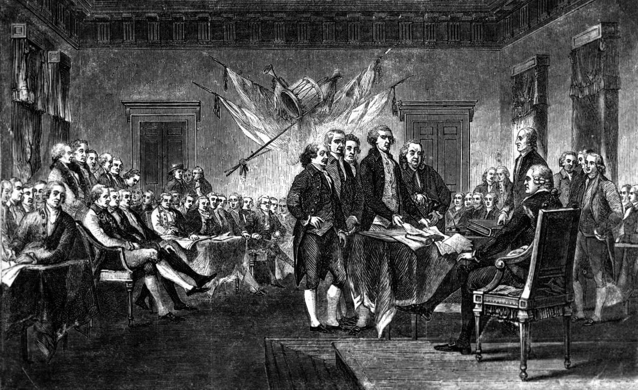 This undated engraving shows the scene on July 4, 1776, when the Declaration of
