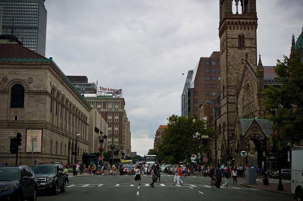 Copley Square is a must-see stop on every tourist itinerary, but since the Boston Marathon bombings, it has also had notoriety. Tour guides now include the Boylston Street finish line, where the bombs went off, in their circuits. (Dominick Reuter for WBUR)