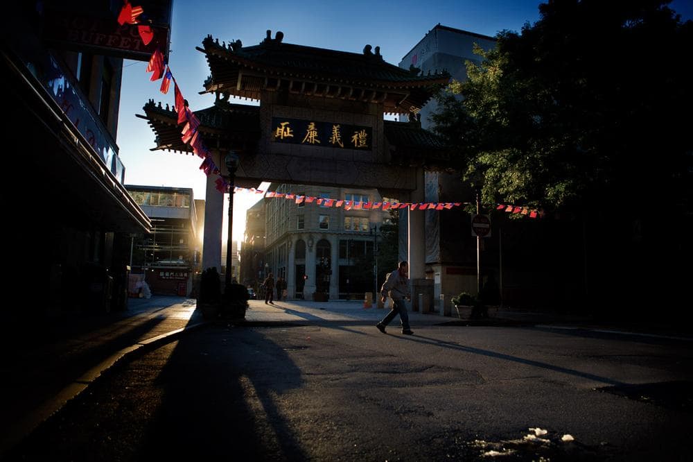 The paifang at Chinatown’s Beach Street entrance, at sunrise