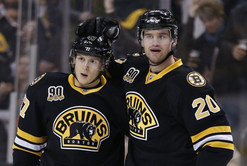 Boston Bruins' Torey Krug, left, celebrates his goal with teammate Daniel Paille. (Michael Dwyer/AP)