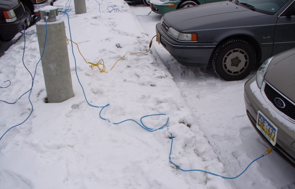 In Fairbanks, Alaska, it's not uncommon for parking lots to have plug-in stations, to keep vehicle engines warm. (ffg/Flickr)