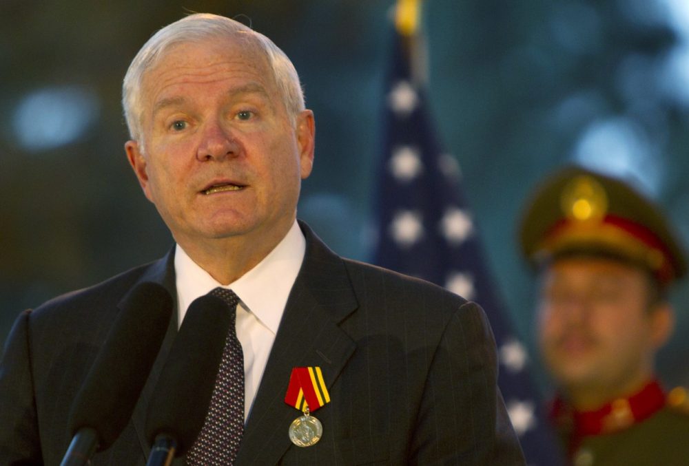U.S Secretary of Defense Robert Gates is pictured speaking at a press conference with Afghanistan President Hamid Karzai June 4, 2011 in Kabul, Afghanistan. (Paula Bronstein/Getty Images)
