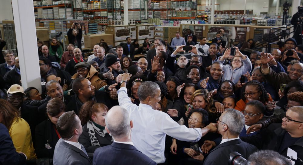 Eileen McNamara: Instead of engaging with an obstructionist Congress two miles down the road, Barack Obama is traveling across the country to trumpet ideas his audiences already support. In this photo, the president greets audience members at a Costco store in Lanham, Md., Wednesday, Jan. 29, 2014, after he spoke about raising the minimum wage. (Charles Dharapak/AP)