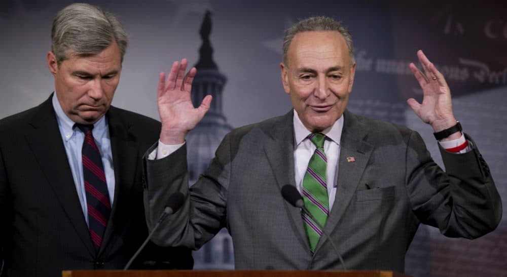 John Winters: To anyone who favors the general Democratic platform, it’s time to dig deep and pump in that filthy lucre.
In this photo, Sen. Charles Schumer, D-N.Y., right, accompanied by Sen. Sheldon Whitehouse, D-R.I., speak to reporters on Capitol Hill in Washington, Wednesday, April 2, 2014, about the Supreme Court's decision in the McCutcheon v. FEC case, in which the Court struck down limits in federal law on the aggregate campaign contributions individual donors may make to candidates, political parties, and political action committees. (Manuel Balce Ceneta/AP)