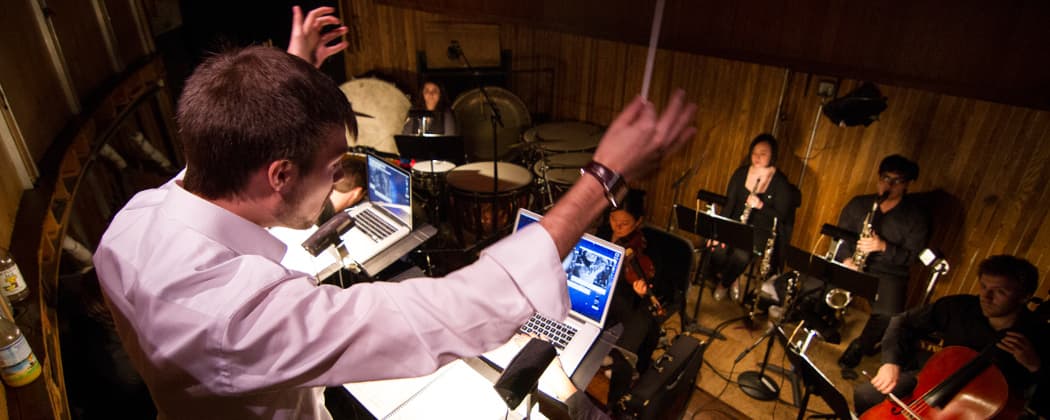 The Berklee Silent Film Orchestra learns to score films hands on in their collaboration with Sounds of Silents at the Coolidge Corner Theatre. (Henry Hayes)