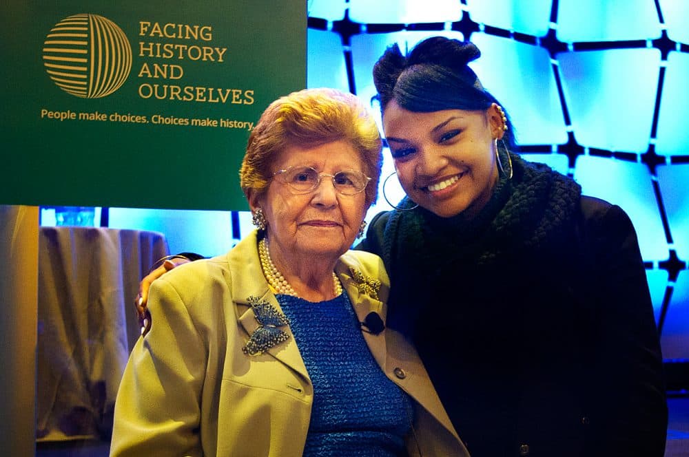 Rena Finder (left) has been teaching thousands of students like Asia Suttles (right) about the Holocaust through the program Facing History and Ourselves. (Gabrielle Emanuel/WBUR)