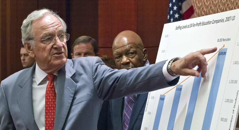 Sen. Tom Harkin, D-Iowa, chairman of the Health, Education, Labor and Pensions Committee, releases a Senate Democratic report asserting that for-profit schools often hit vulnerable students with exorbitant tuition, aggressive recruiting practices, and abysmal student outcomes, on Capitol Hill in Washington, Monday, July 30, 2012. Harkin is joined by by Sen. Richard Blumenthal, D-Conn., center, and Rep. Elijah Cummings, D-Md., right, the ranking member of the House Oversight and Government Reform Committee. (J. Scott Applewhite/AP)