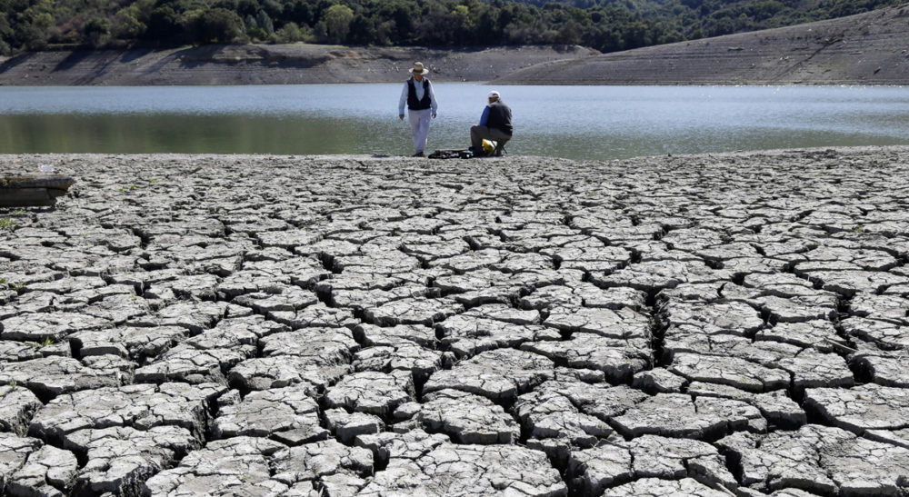 In this photo cracks in the dry bed of the Stevens Creek Reservoir in Cupertino, Calif., March 13, 2014. The Obama administration is more certain than ever that global warming is changing Americans' daily lives and will worsen — conclusions that scientists detail in a massive federal report released Tuesday, May 6, 2014. (Marcio Jose Sanchez, File/AP)
