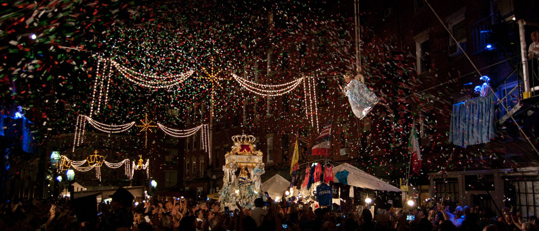 The "Flight of the Angel" that caps off the annual “Fisherman’s Feast” in Boston’s North End. (Greg Cook)