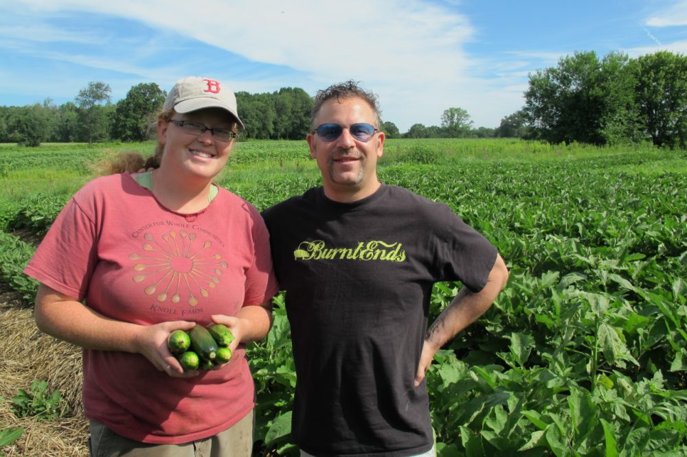 Laura Olive Sackton, co-founder and farm co-manager of First Root Farm in Concord with Tremont 647 chef and owner Andy Husbands. (Emma-Jean Weinstein/WBUR)