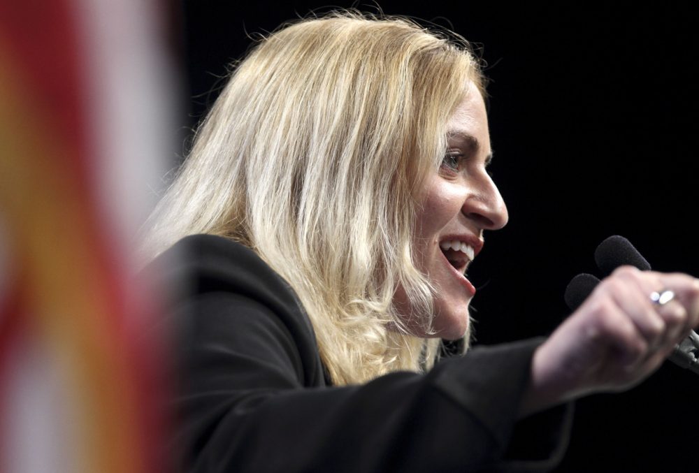 Marisa DeFranco addresses the Democratic State Convention before the delegate vote in Springfield, Mass. on Saturday, June 2, 2012. (Michael Dwyer/AP)
