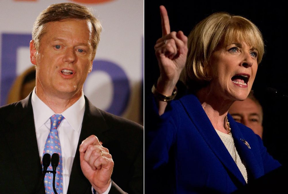 Republican Charlie Baker, left, and Democrat Martha Coakley. (AP's Stephan Savoia, WBUR's Jesse Costa)