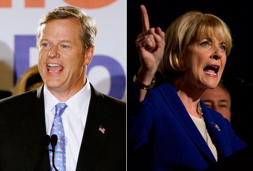 John Sivolella: "Baker’s camp has dared the other side to engage in debate and to get specific. The electorate will soon find out if the Coakley campaign accepts the challenge." Pictured: Republican Charlie Baker, left, and Democrat Martha Coakley (Stephan Savoia/AP, Jesse Costa/WBUR)