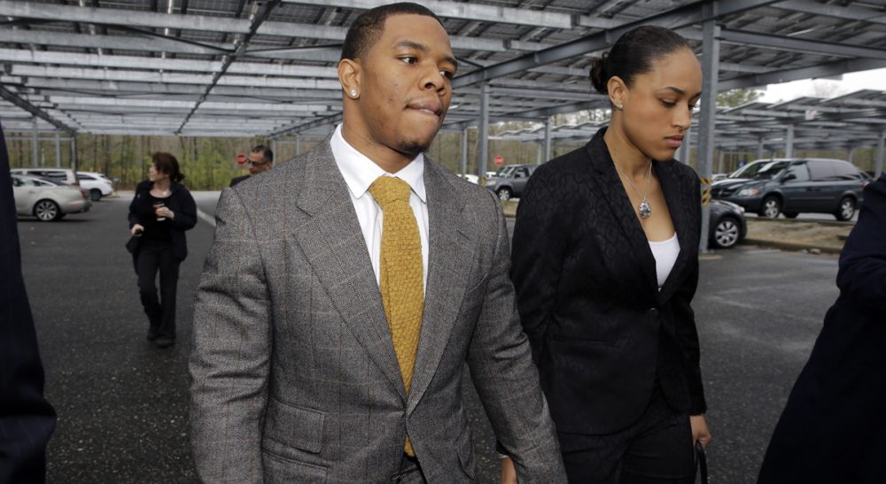Caryl Rivers: "We must at last rid society of the notion that men have to be in charge and women have to obey, even when they are being brutalized." Pictured: Ray and Janay Rice enter the Atlantic County Criminal Courthouse on Thursday, May 1, 2014. After the couple got into a physical altercation on Feb. 15 at an Atlantic City casino, both were charged with simple assault-domestic violence. (Mel Evans/AP)