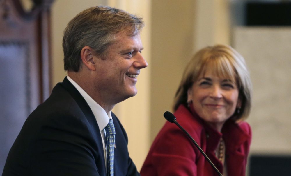 Republican nominee for governor Charlie Baker smiles as he addresses a candidates forum, sponsored by a group that represents human service providers. (Charles Krupa/AP)