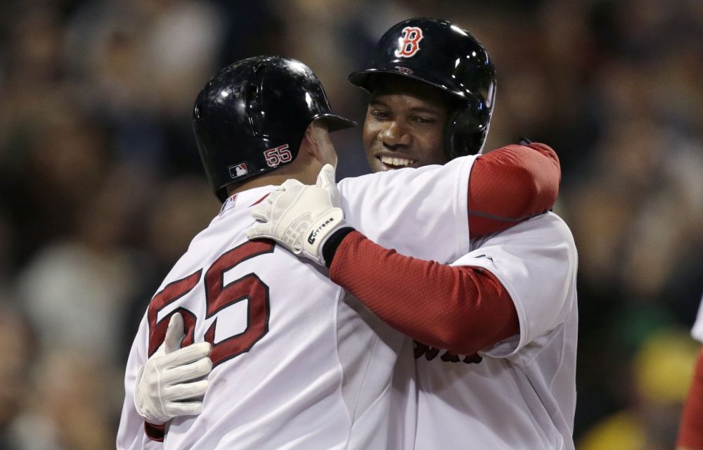 Boston Red Sox's Rusney Castillo, right, is congratulated by Christian Vazquez after his three-run home run off Tampa Bay Rays relief pitcher Steven Geltz during the third inning of Thursday night's game at Fenway Park. (Charles Krupa/AP)