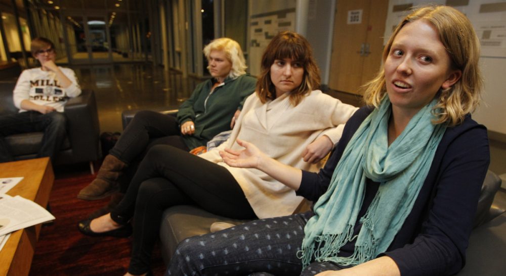 Carly Burton: "Understanding that womanhood is not static has inspired two women’s colleges to change their admissions criteria to consider anyone who identifies as a woman, regardless of their assigned sex at birth." Pictured: Audre Mowry, right, discusses preferred gender pronouns with other members of Mouthing Off!, a group for LGBT students at Mills College, the first women's college in the U.S. to accept students who were not born female but who identify as such. (Mathew Sumner/AP)