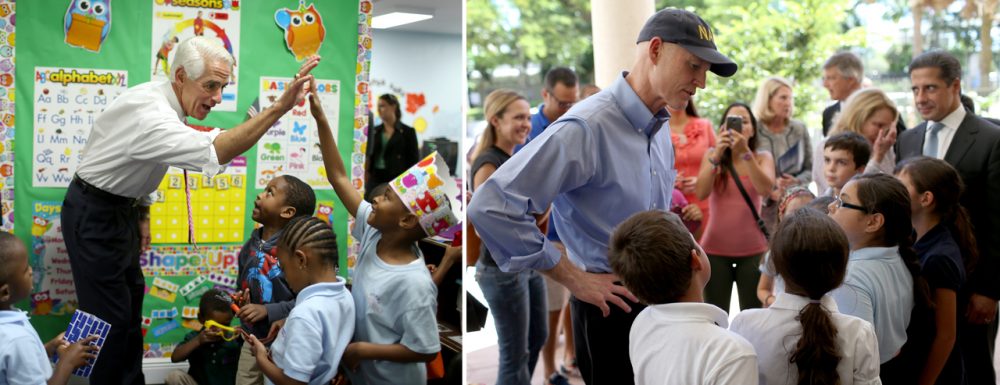 Former Republican governor Charlie Crist (L) is running as a Democrat against incumbent Florida Republican governor Rick Scott (R) in one of the ugliest campaigns in the nation. (Joe Raedle/Getty Images)