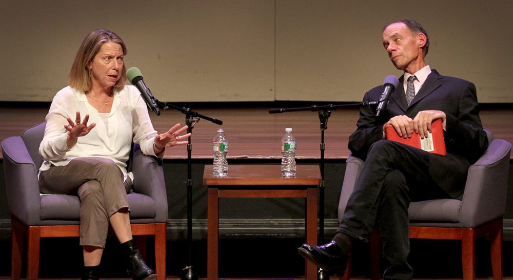 Jill Abramson: "I felt that I had devoted my career to telling the truth, and the truth was that I was fired, so it just seemed -- what else? I wasn't going to -- my kids are 31 and 29. I wasn't going to say, 'I've decided to step down to spend more time with my family.'" Pictured: Jill Abramson and David Carr at Boston University's Tsai Performance Center, October 20, 2014. (Robin Lubbock/WBUR)