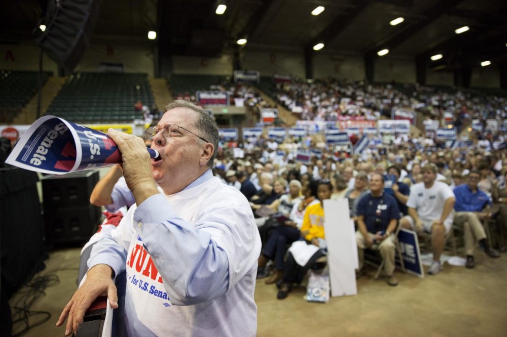 Kenny Bradford, of Marietta, Ga., a supporter of Georgia Democratic candidate for U.S. Senate Michelle Nunn, boos during a debate, Tuesday, Oct. 7, 2014, in Perry, Ga. (David Goldman/AP)