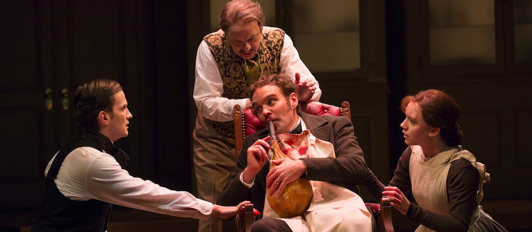Michael Bakkensen (seated) draws on some laughing gas in "Ether Dome," surrounded by Tom Patterson. Lee Sellars and Amelia Pedlow. (T. Charles Erickson)