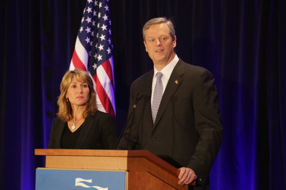 Gov.-elect Charlie Baker, along with Lt. Gov.-elect Karyn Polito, take questions after Election Day. (Robin Lubbock/WBUR)