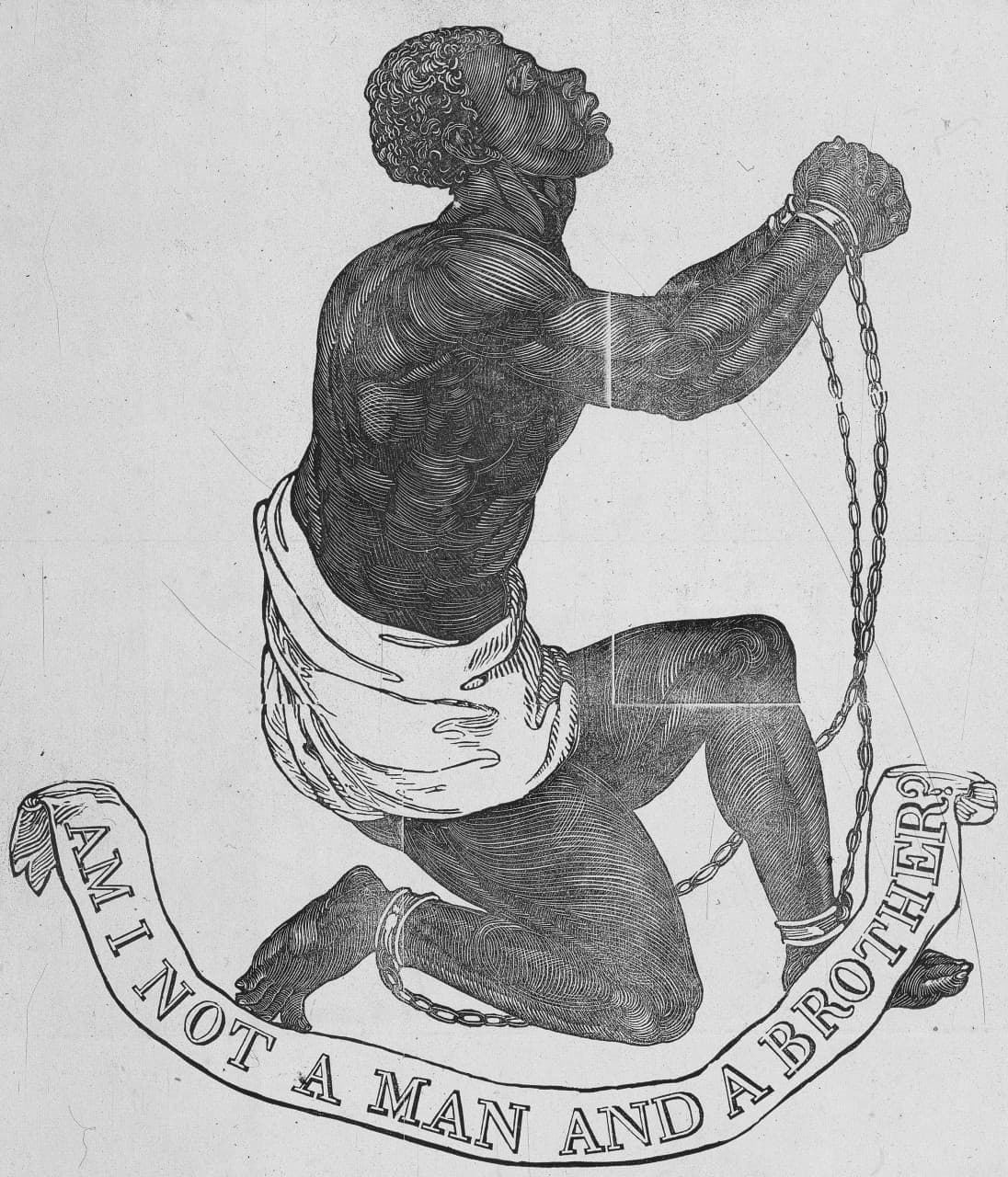 Photograph of "Am I Not a Man." This woodcut image of a slave in chains appeared in the 1837 publication of John Greenleaf Whittier’s antislavery poem “Our Countrymen in Chains.” (Courtesy of NewSouth Books)