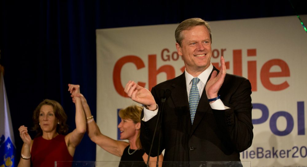 Election night, November 4, 2014. A victory for the better-funded Republican gubernatorial candidate, Charlie Baker. (Jesse Costa/WBUR)