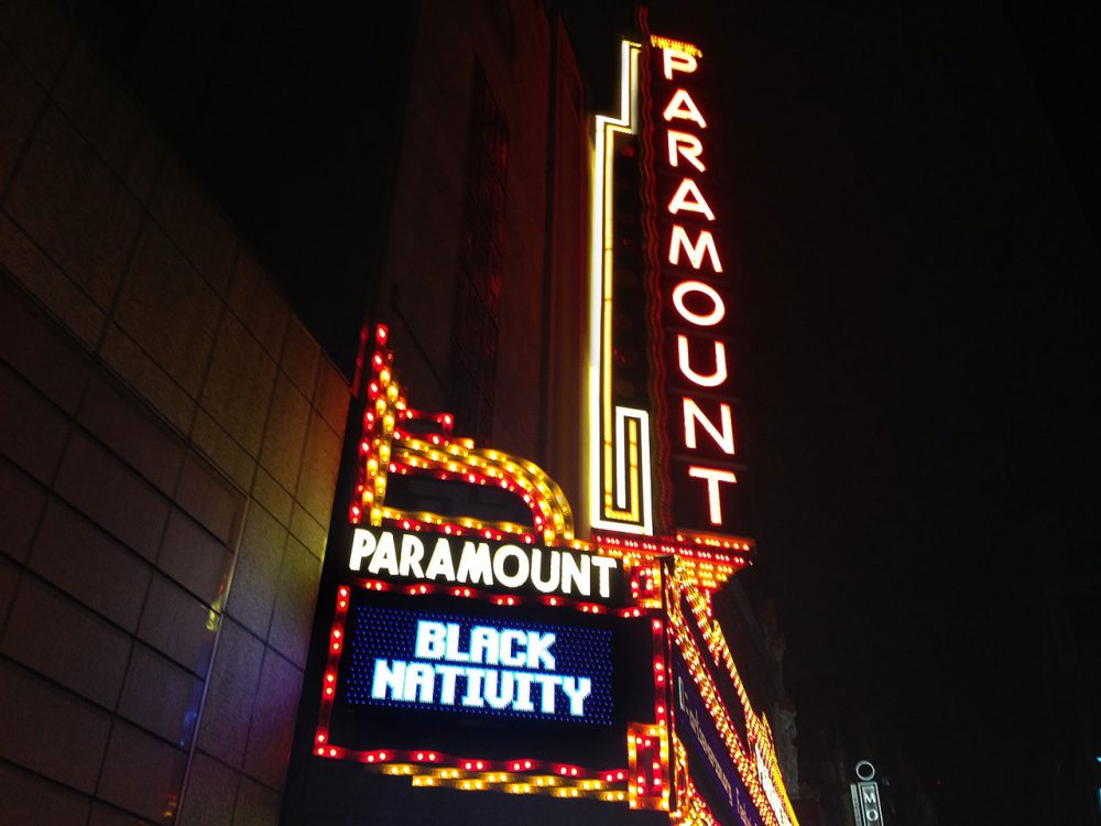 The marquee advertising "Black Nativity" at the Paramount Theater in Boston's theater district. (Delores Handy/WBUR)