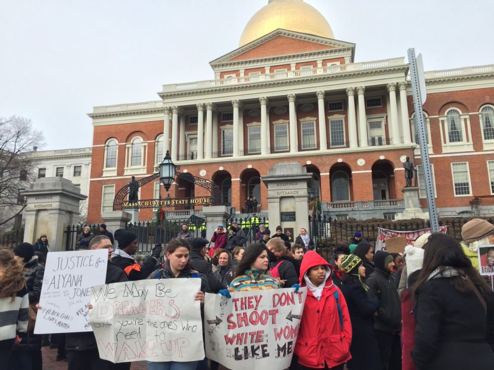 As the march began at the Boston Statehouse, protesters shouted "Black Lives Matter." (Bruce Gellerman/WBUR)