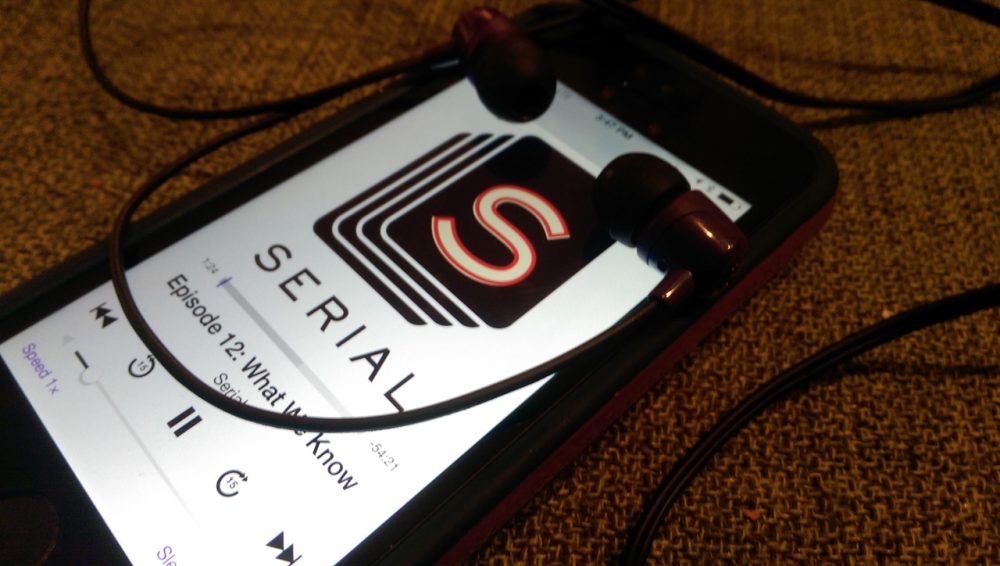 The wildly popular podcast "Serial," a spin-off of "This American Life," plays on a phone.  (Casey Fiesler/Flickr).