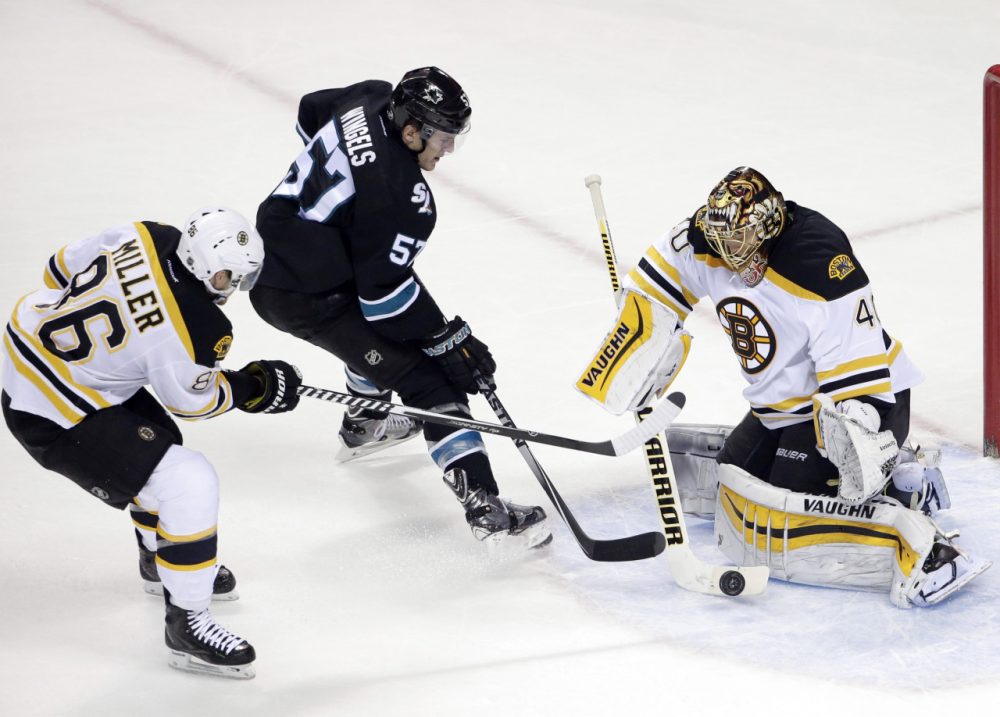 Boston Bruins goalie Tuukka Rask stops a shot from San Jose Sharks center Tommy Wingels as Bruins defenseman Kevan Miller closes in. (Marcio Jose Sanchez/AP)