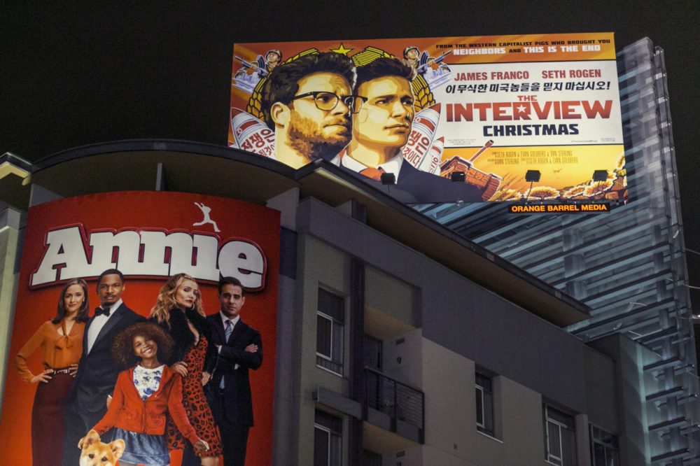 A banner for "The Interview"outside Arclight Cinemas in Hollywood last week. (Damian Dovarganes/AP)